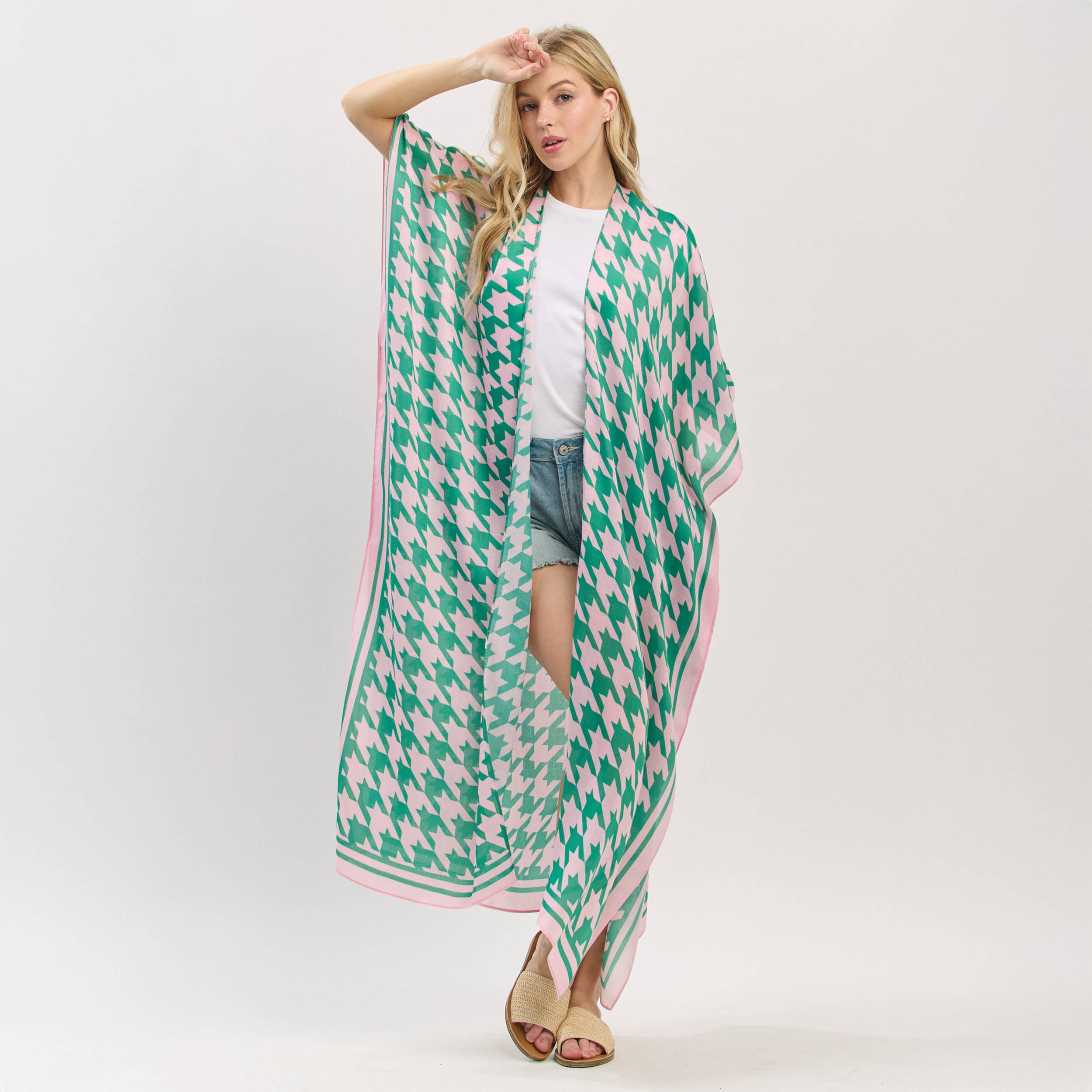 Houndstooth Pink/Green Kimono