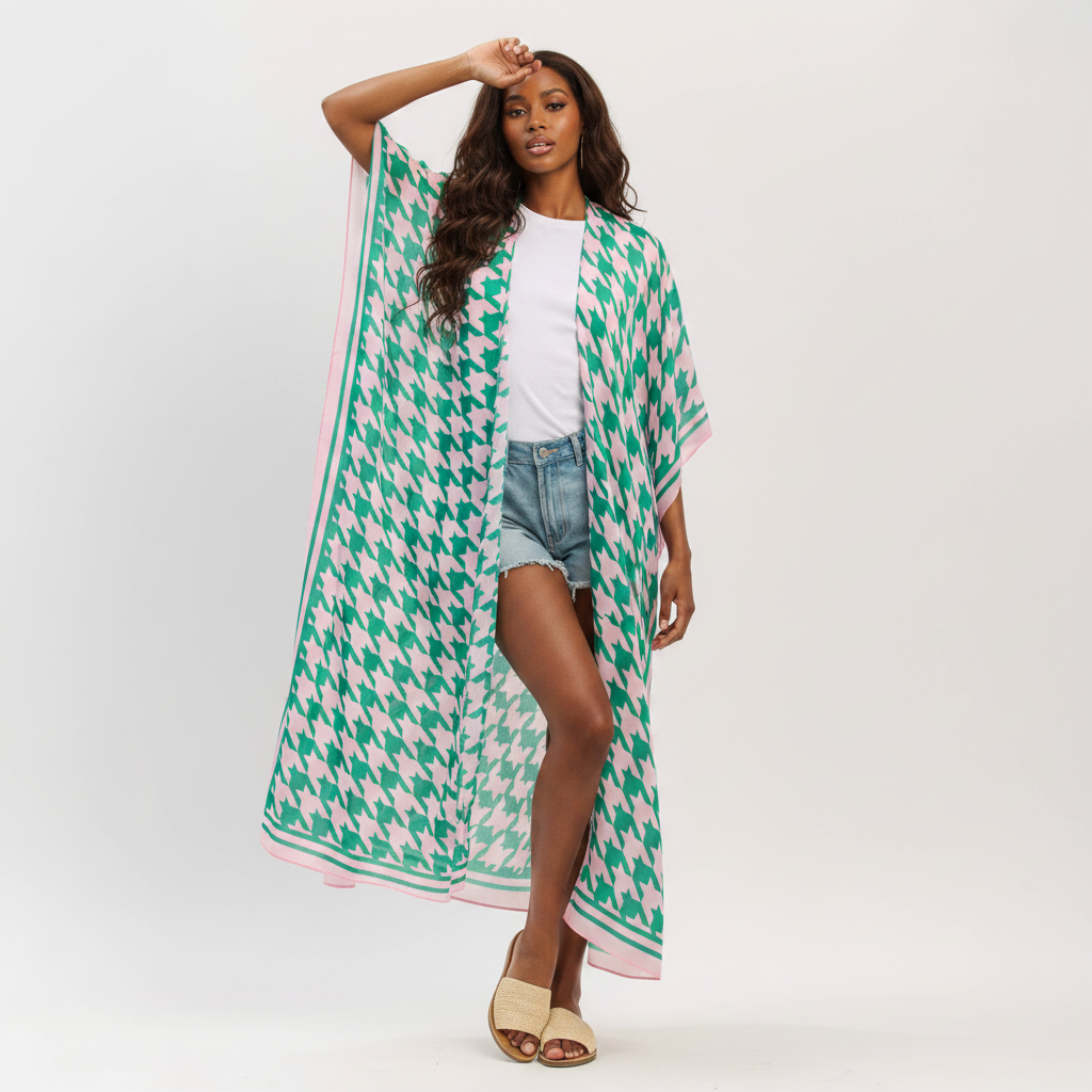 Houndstooth Pink/Green Kimono