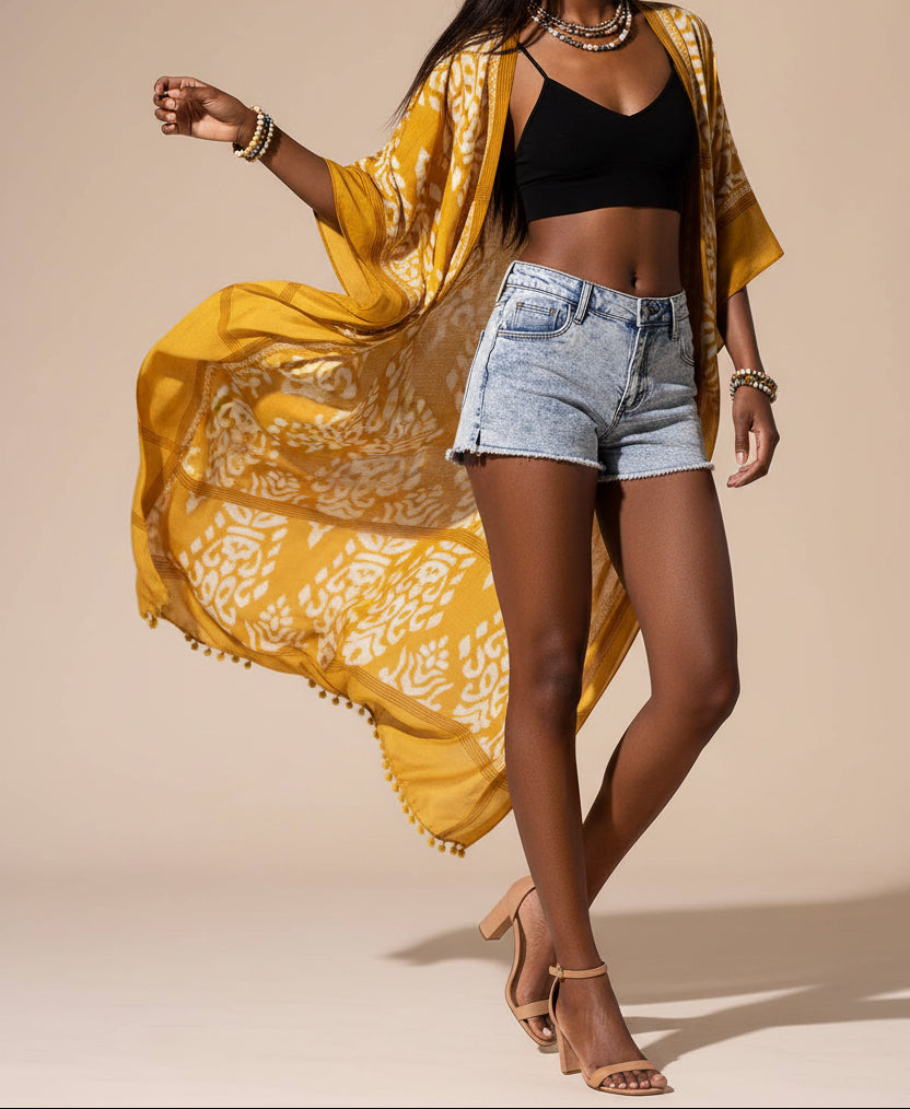 Damask Print Kimono with Sleeves