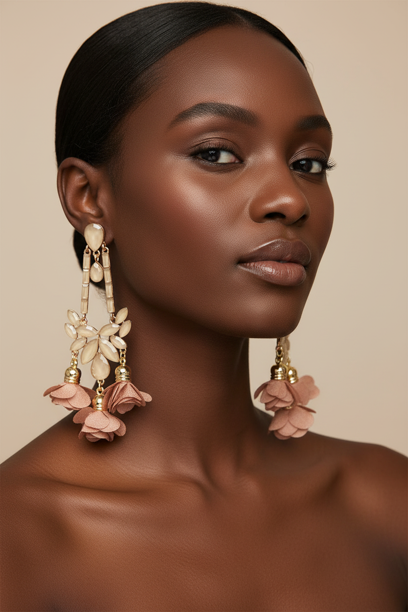 Flower Rhinestone Earring: Beige