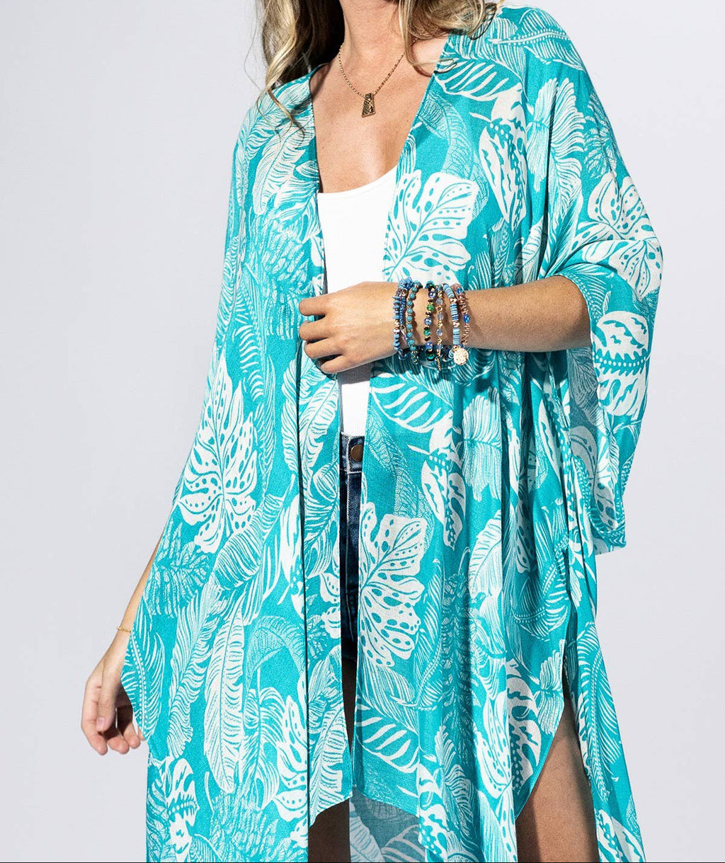 Aqua Palm-Leaf Kimono