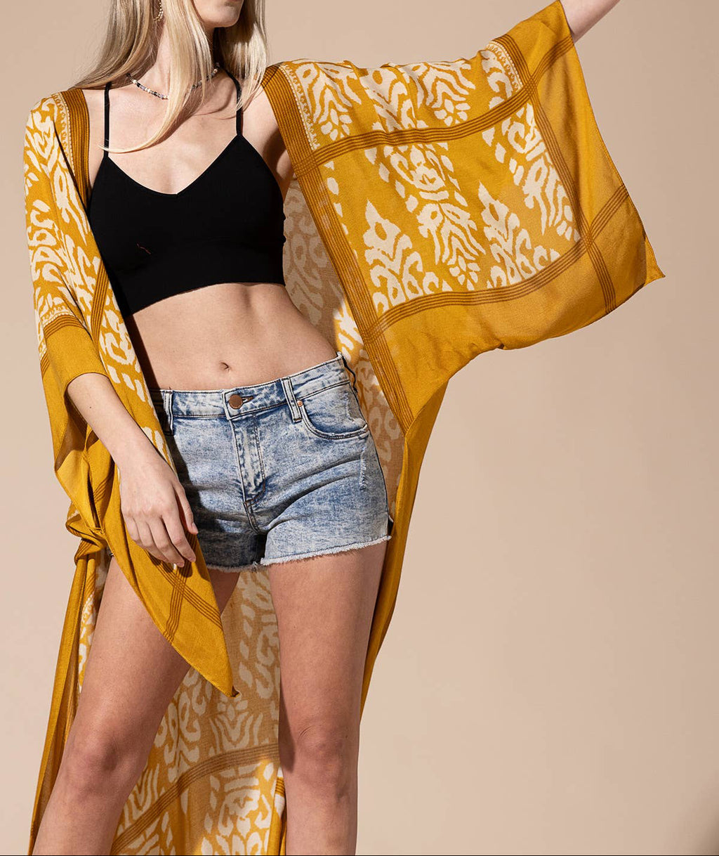 Damask Print Kimono with Sleeves