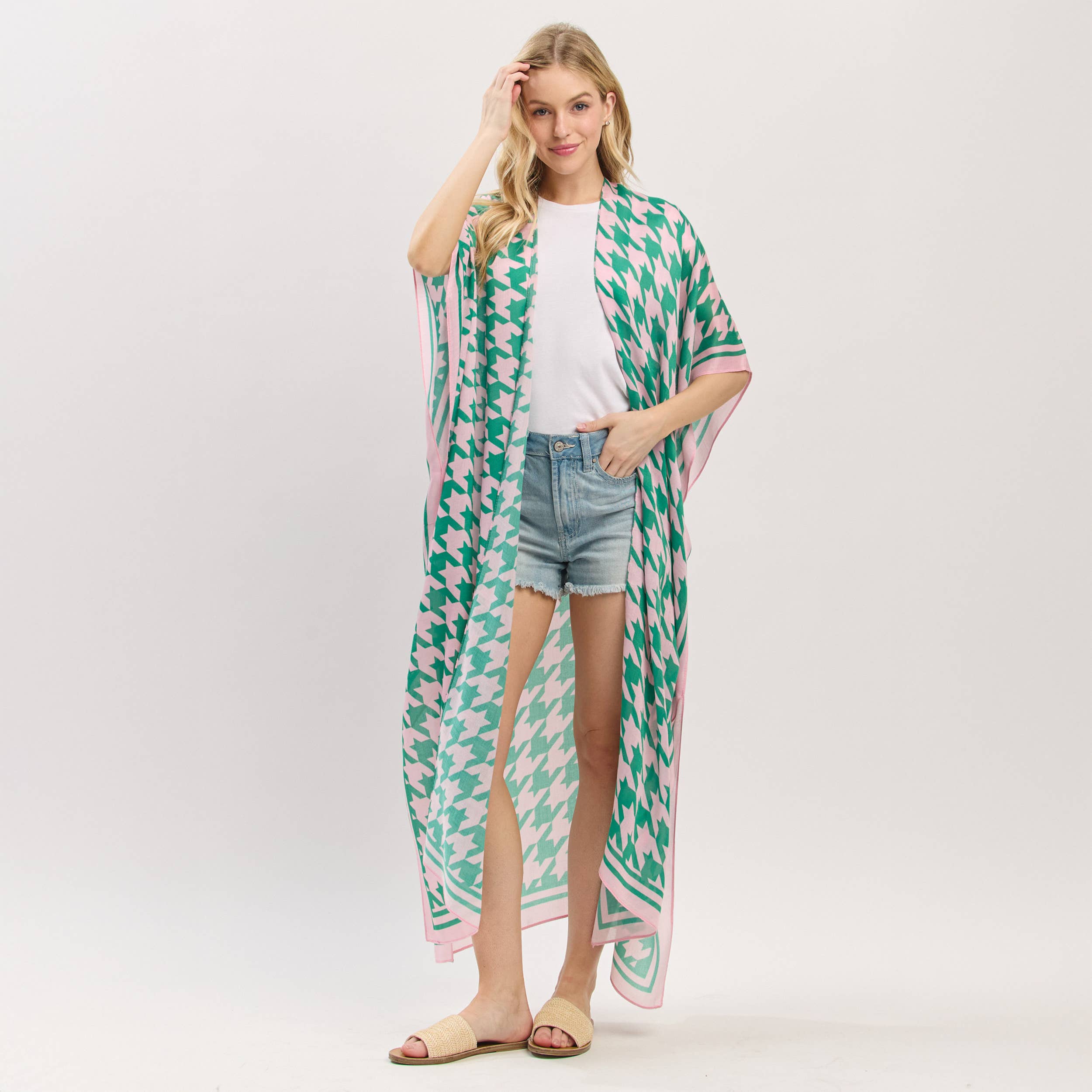 Houndstooth Pink/Green Kimono