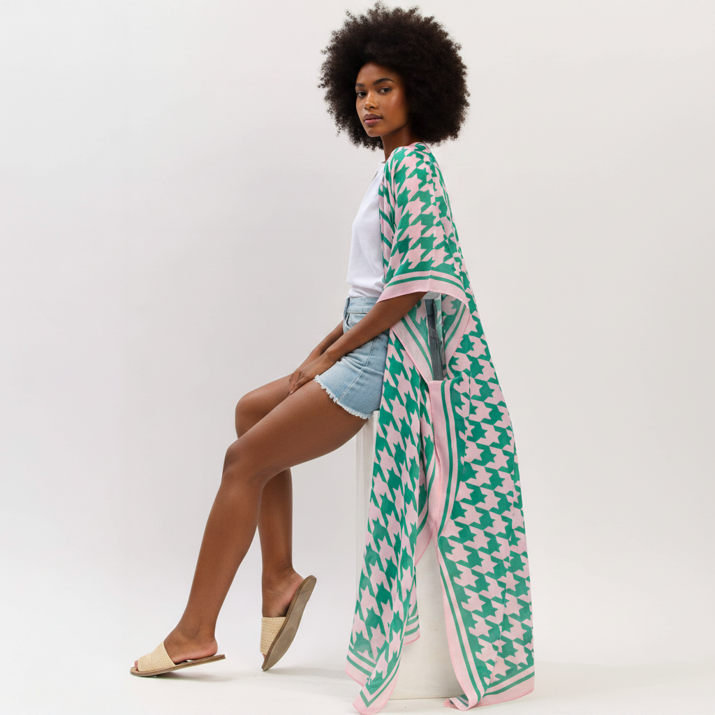 Houndstooth Pink/Green Kimono