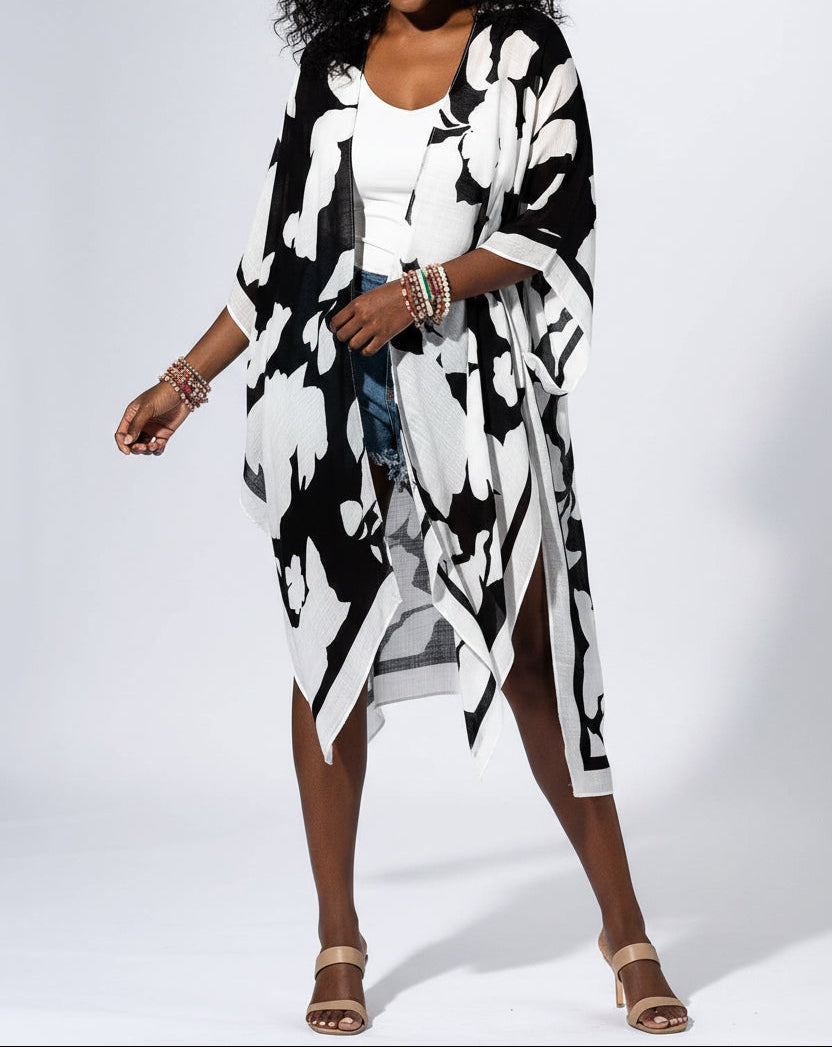 Monochrome Brushstroke Floral Kimono